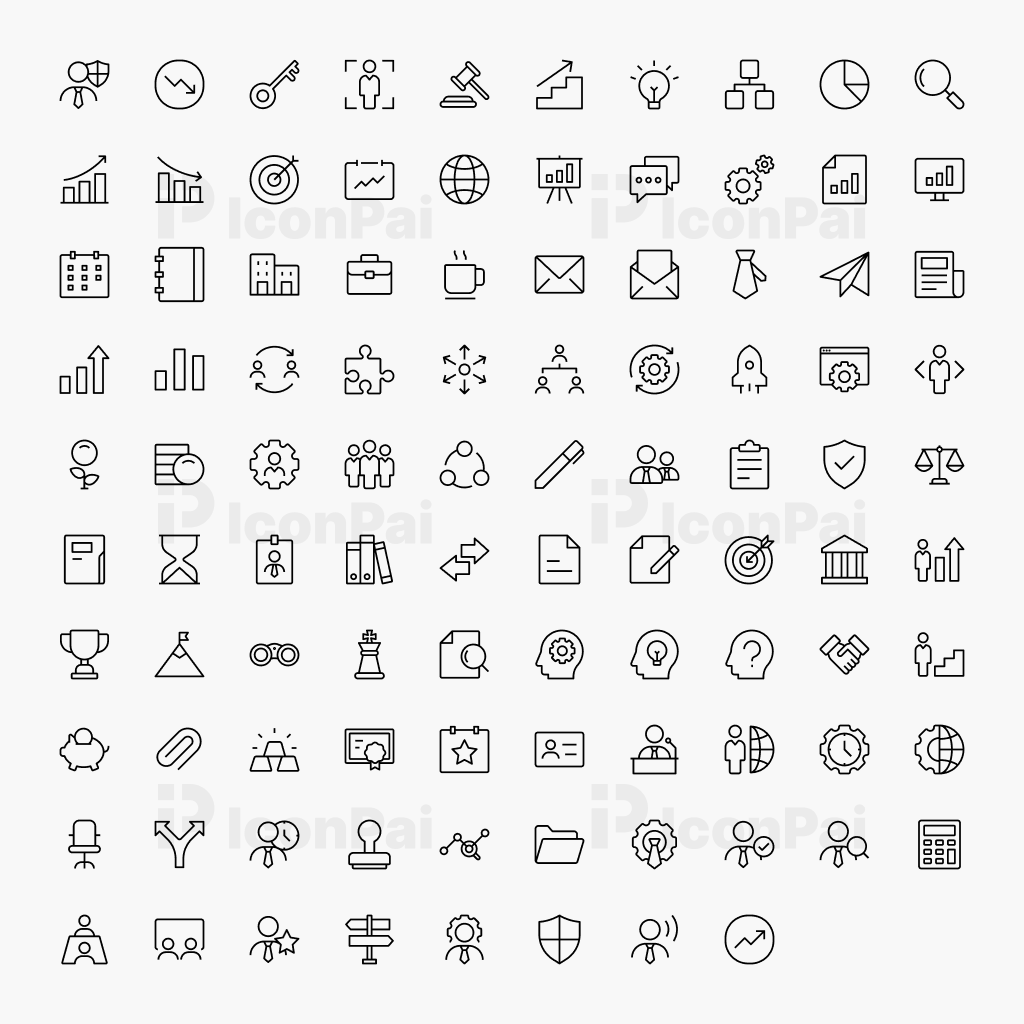 Corporate Management & Business Operations Icons – Thick line style preview of 98 corporate productivity, operations, and management icons.