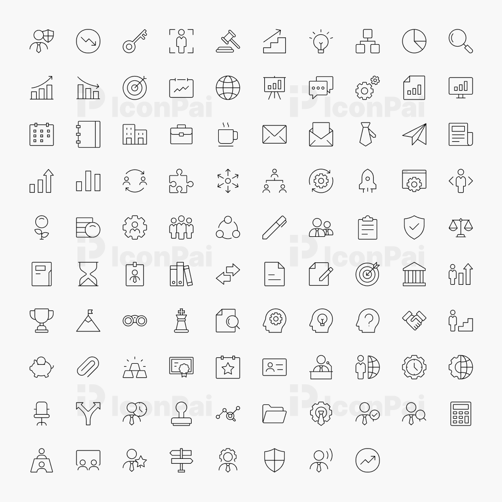Corporate Management & Business Operations Icons – Thin line style preview of 98 enterprise workflow, leadership, and business management icons.