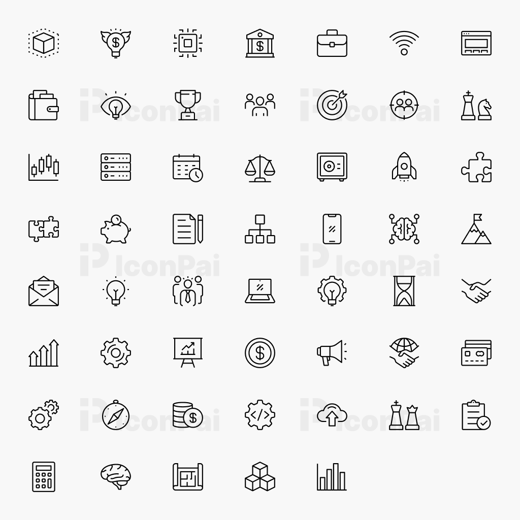 Digital Business & Innovation Icons – Thick line style preview of 50 innovation, automation, cloud computing, and fintech icons.