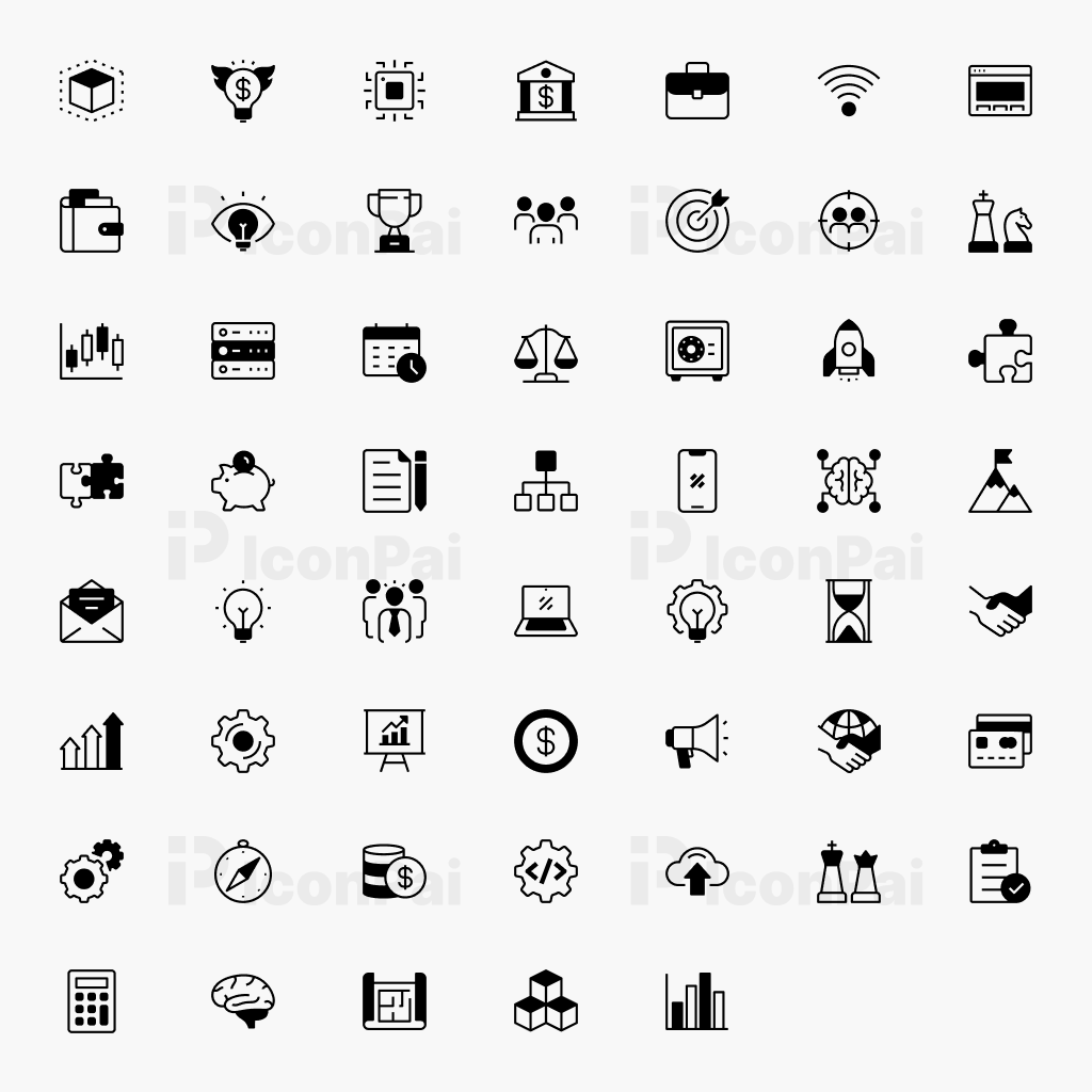Digital Business & Innovation Icons – Half-Filled style preview of 50 AI, digital transformation, startup, and business technology icons.