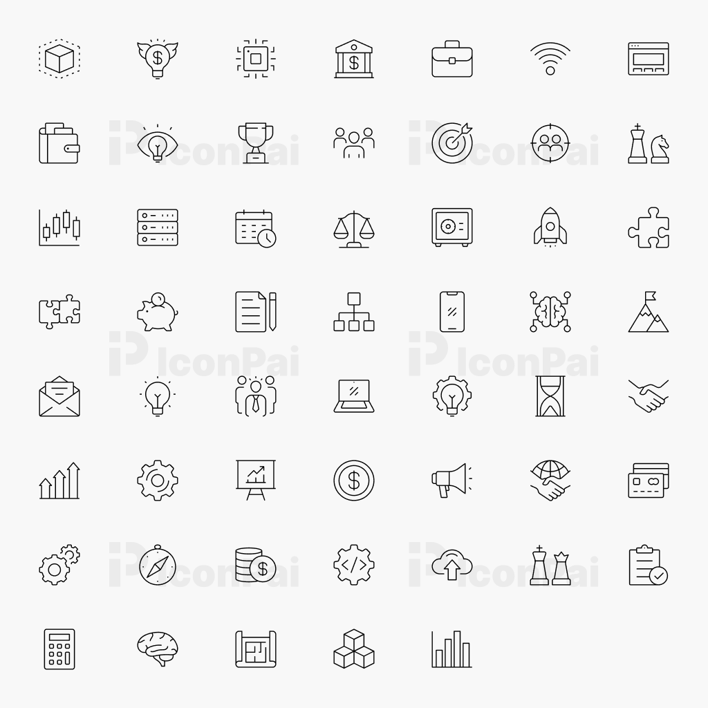 Digital Business & Innovation Icons – Thin line style preview of 50 technology, startup, and digital business icons.