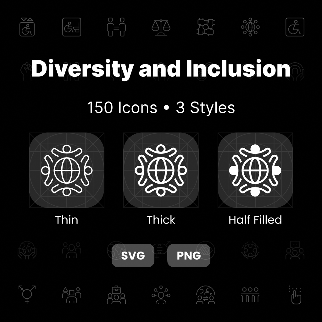 Diversity & Inclusion Icons Pack featuring 150 accessibility, equality, community, belonging, and workplace culture icons in Thin, Thick, and Half-Filled styles.