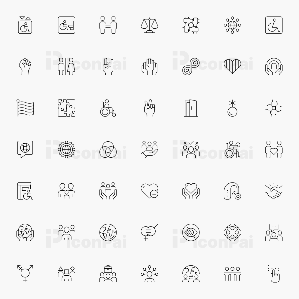 Diversity & Inclusion Icons – Thin line style preview of 50 equality, accessibility, and community icons.