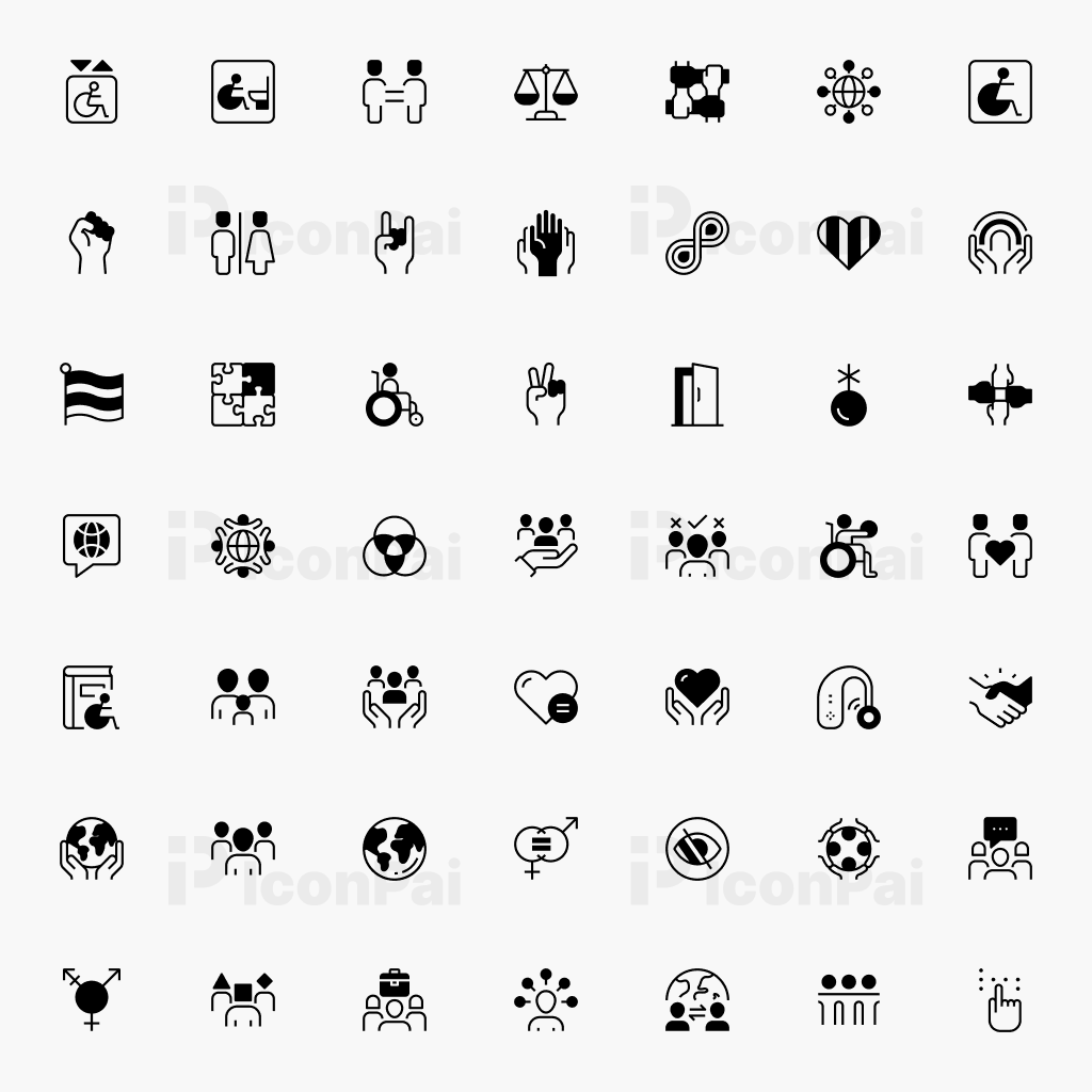 Diversity & Inclusion Icons – Half-Filled style preview of 50 accessibility, representation, culture, and community icons.