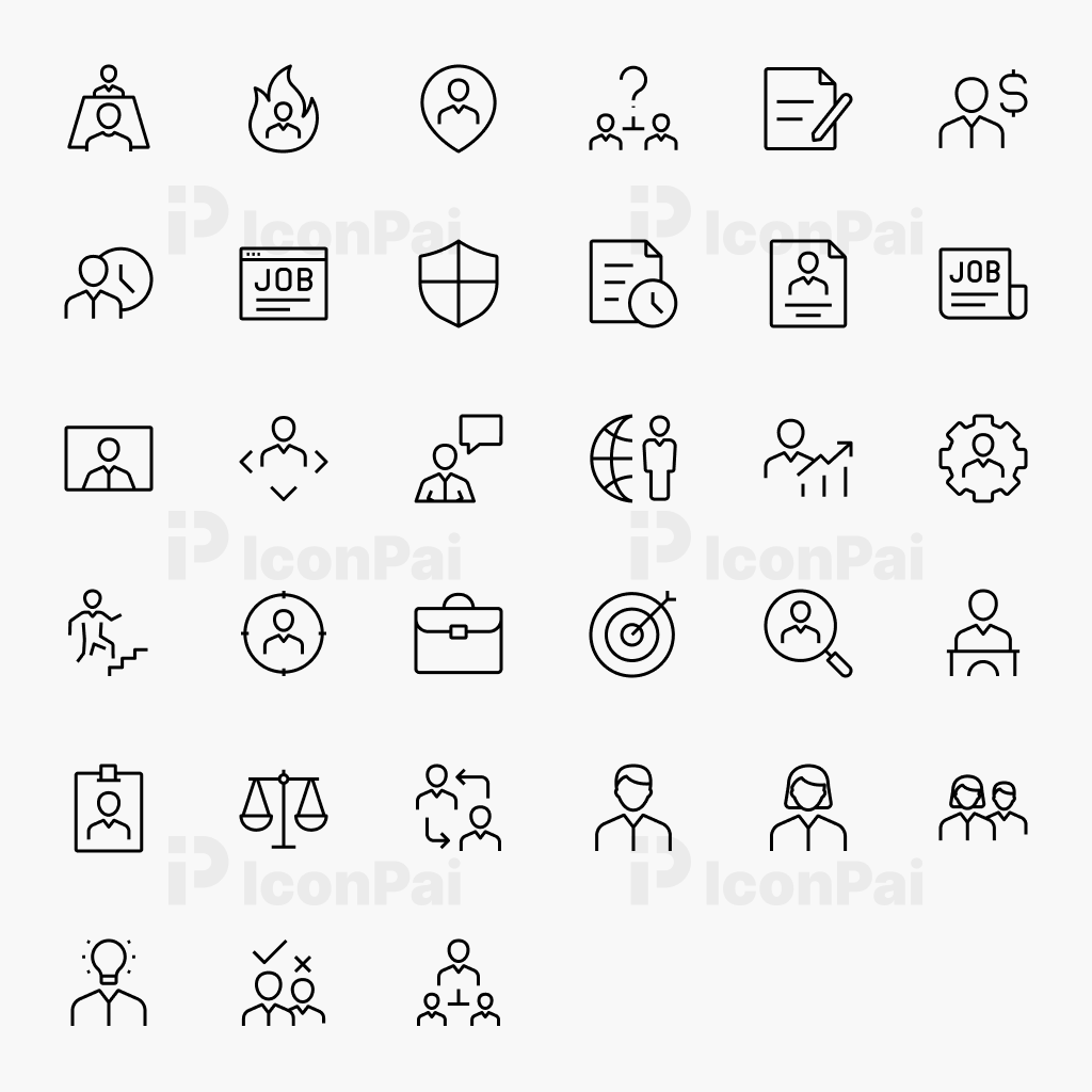 Human Resources & Recruitment Icons – Thick line style preview of 33 HR, talent acquisition, and workforce management icons.