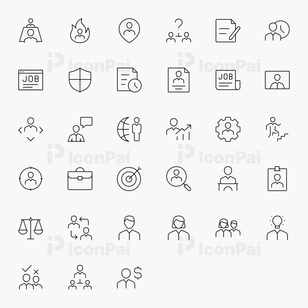 Human Resources & Recruitment Icons – Thin line style preview of 33 hiring, recruitment, and employee management icons.