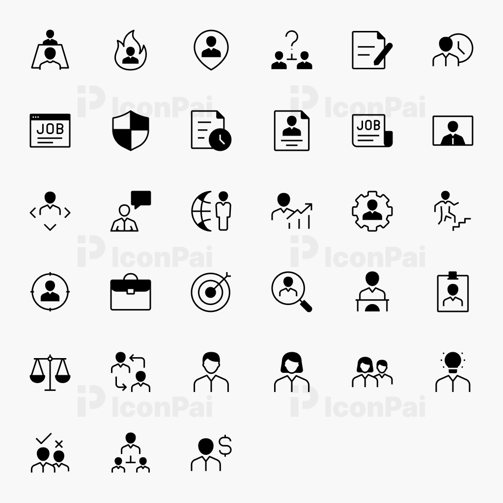 Human Resources & Recruitment Icons – Half-Filled style preview of 33 interview, hiring, leadership, and employee development icons.
