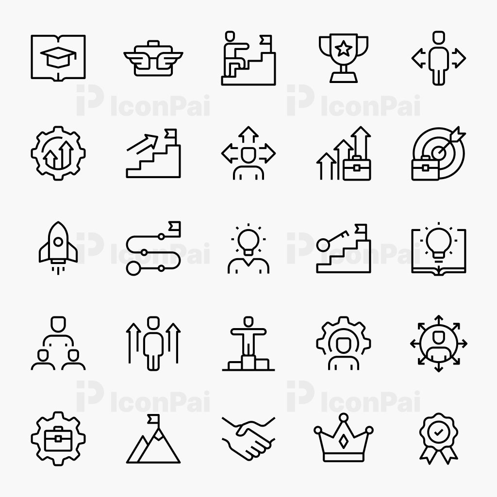 Leadership & Career Growth Icons – Thick line style preview of 25 recruitment, management, and professional growth icons.