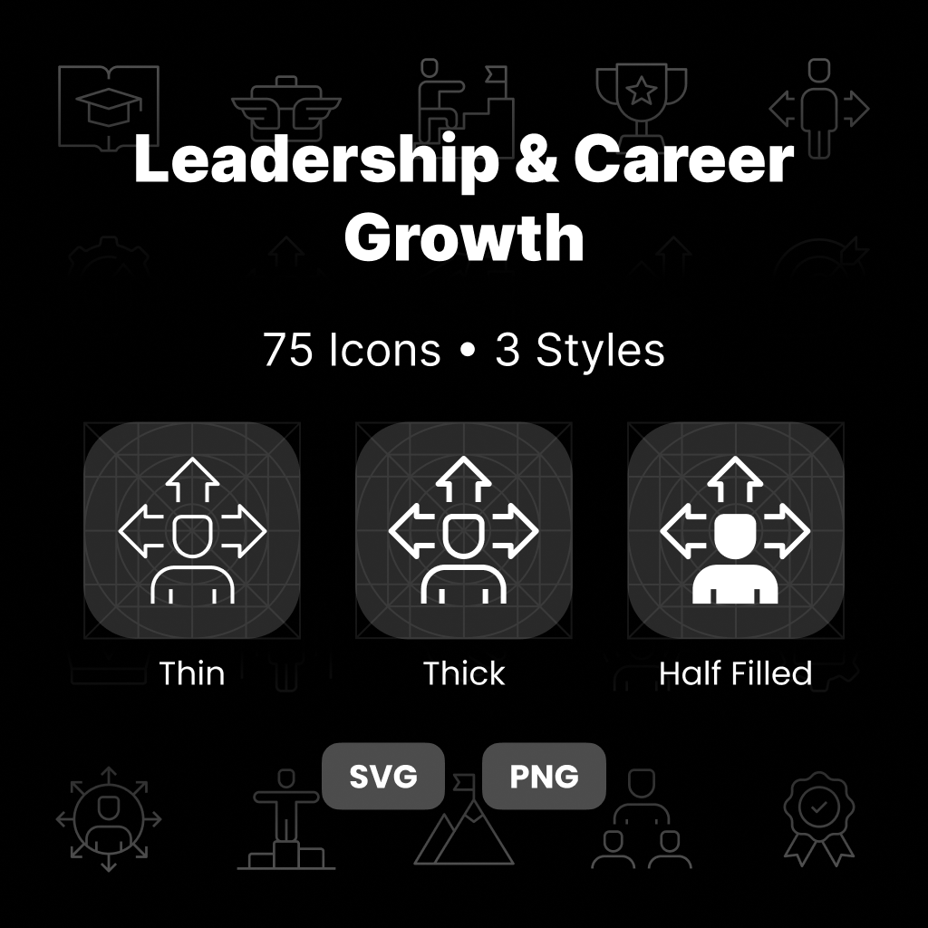 Leadership & Career Growth Icons Pack featuring 75 professional development, recruitment, mentorship, and career advancement icons in Thin, Thick, and Half-Filled styles.