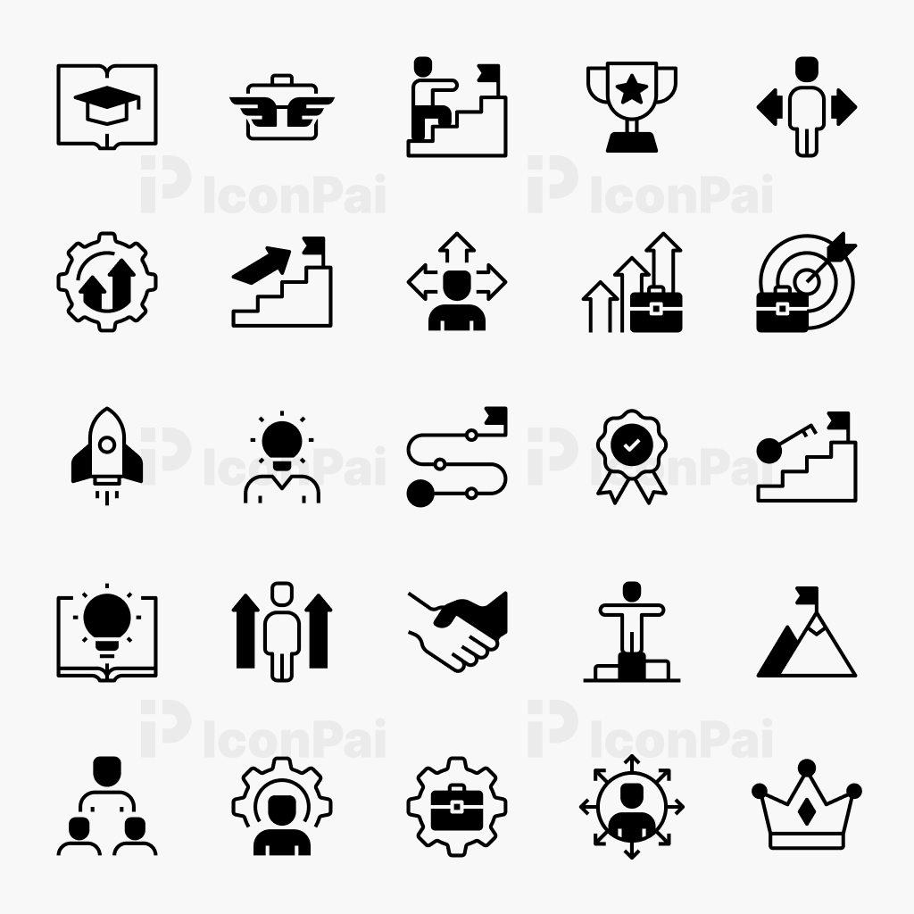 Leadership & Career Growth Icons – Half-Filled style preview of 25 mentorship, promotion, training, and workplace development icons.