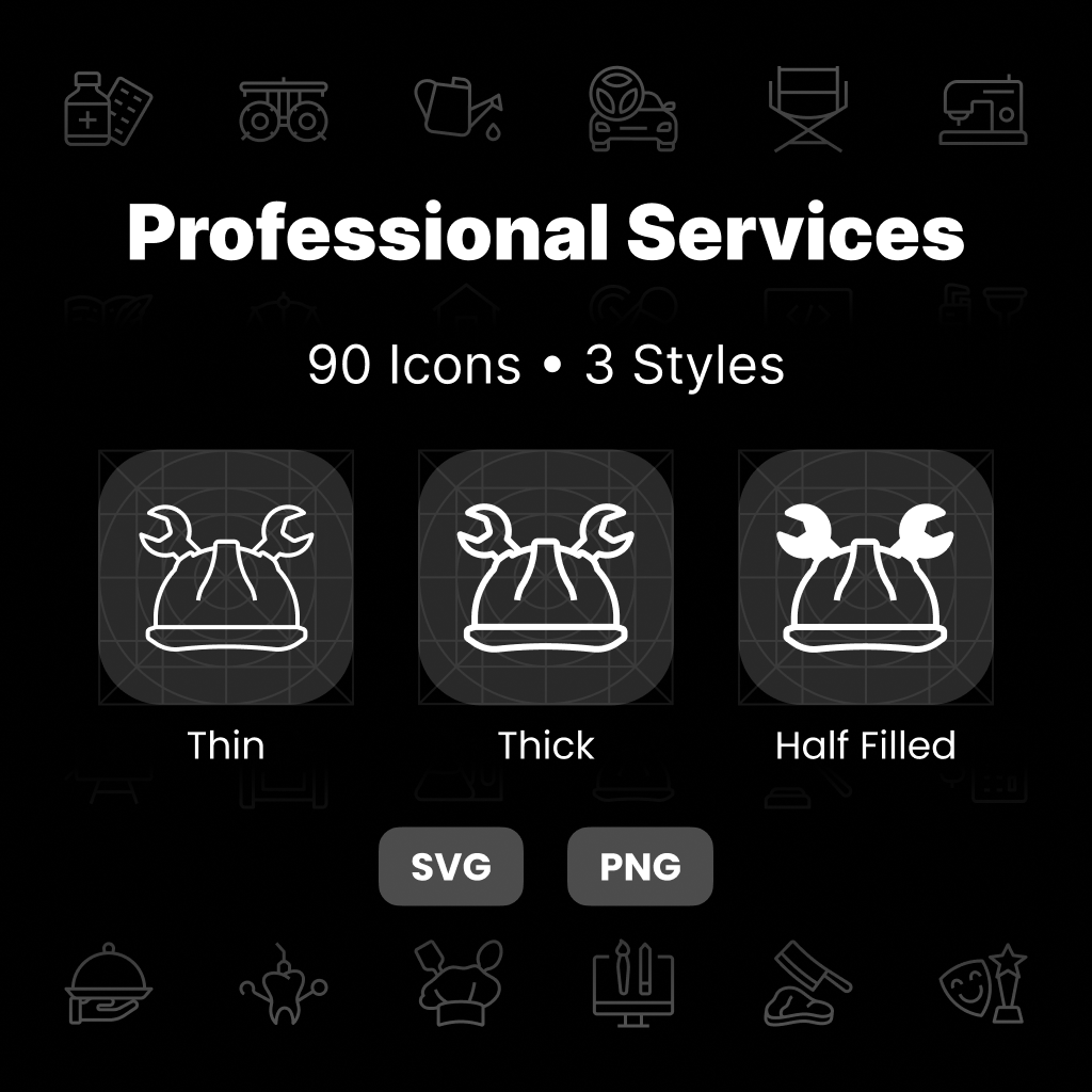 Professional Services Icons Pack featuring 90 consulting, legal, accounting, business, and corporate service icons in Thin, Thick, and Half-Filled styles.