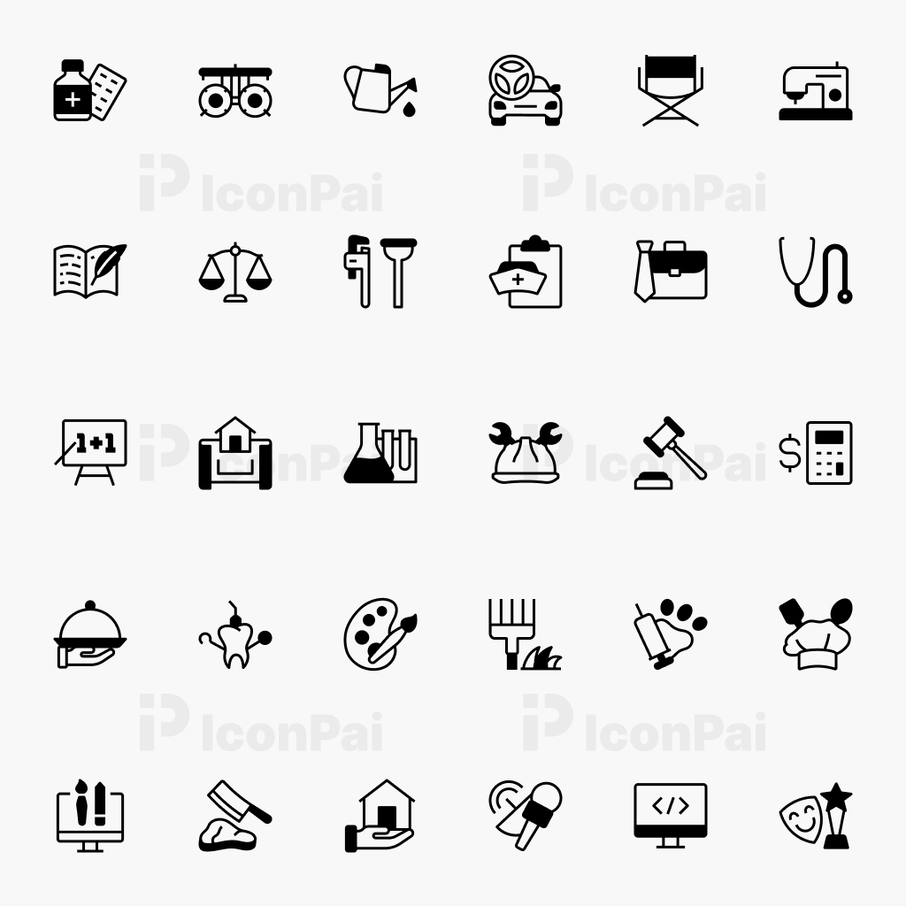Professional Services Icons – Half-Filled style preview of 30 business consulting, support, HR, and legal service icons.