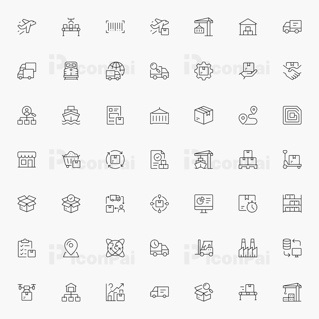 Supply Chain & Logistics Icons – Thin line style preview of 50 shipping, warehouse, and inventory management icons.