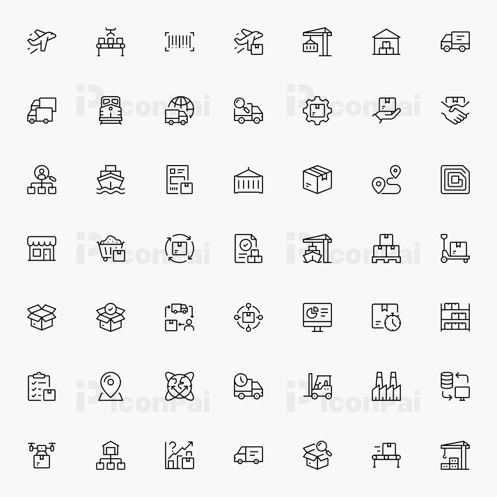 Supply Chain & Logistics Icons – Thick line style preview of 50 transportation, cargo, and logistics operation icons.