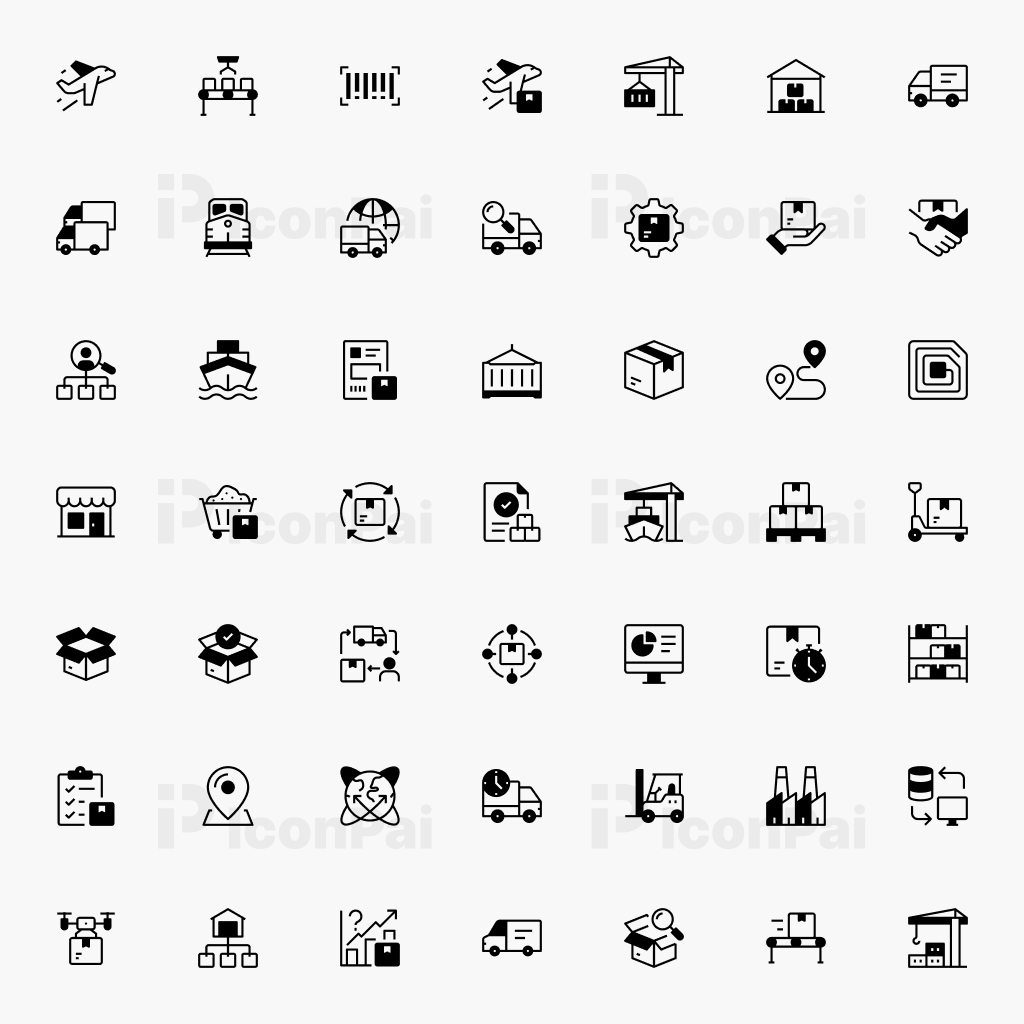 Supply Chain & Logistics Icons – Half-Filled style preview of 50 delivery, tracking, distribution, and supply chain icons.