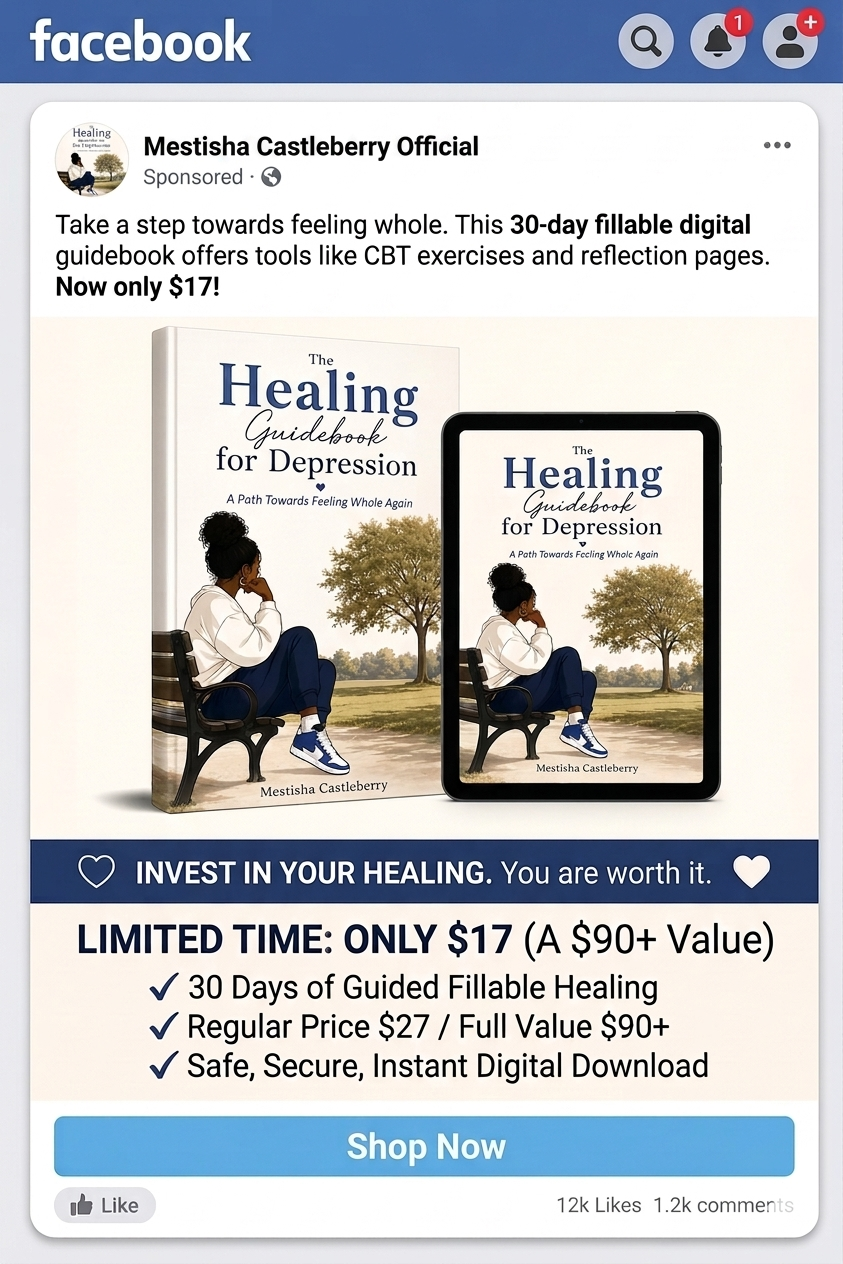 The Healing Guidebook for Depression is a 30‑day fillable digital workbook