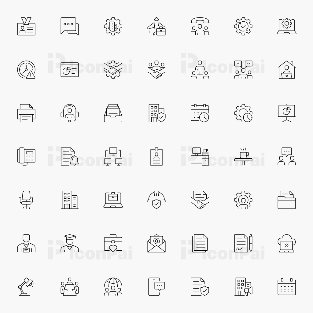 Corporate Office & Professional Work Icons – Thin line style preview of 50 office, workplace, and business productivity icons.
