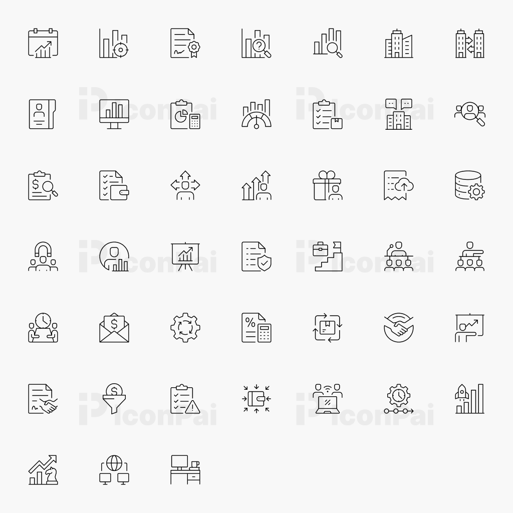 Corporate Operations & Enterprise Systems Icons – Thin line style preview of 50 enterprise software, ERP, and business operations icons.