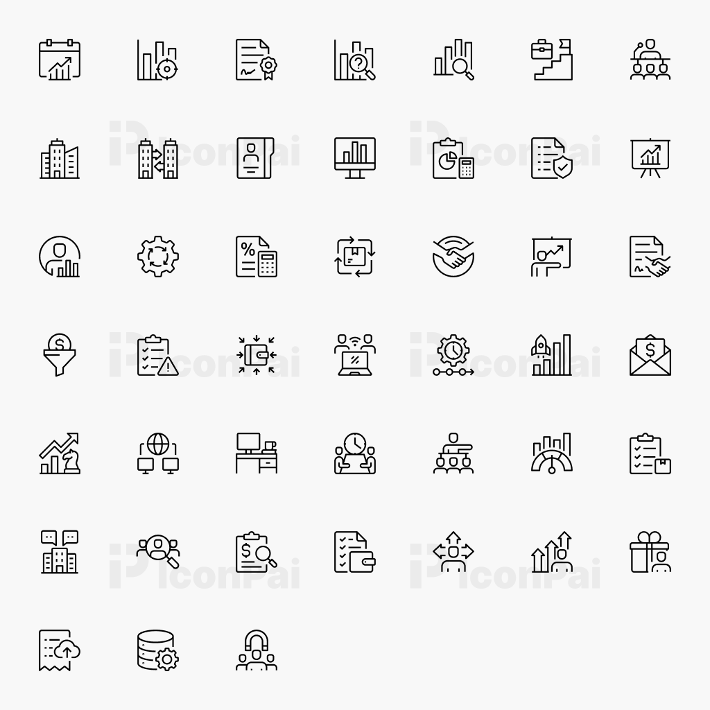Corporate Operations & Enterprise Systems Icons – Thick line style preview of 50 CRM, workflow automation, analytics, and corporate management icons.