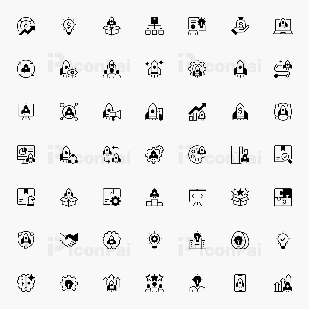 Startup & Entrepreneurship Icons – Half-Filled style preview of 50 startup funding, teamwork, strategy, and innovation icons.