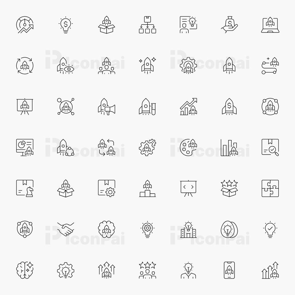 Startup & Entrepreneurship Icons – Thin line style preview of 50 startup, innovation, and business growth icons.