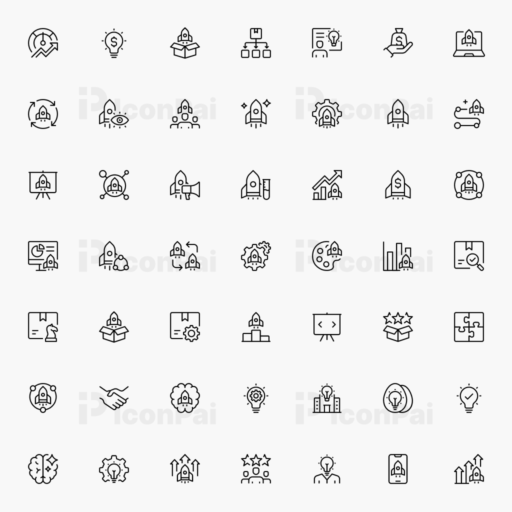 Startup & Entrepreneurship Icons – Thick line style preview of 50 entrepreneurship, leadership, and investment icons.