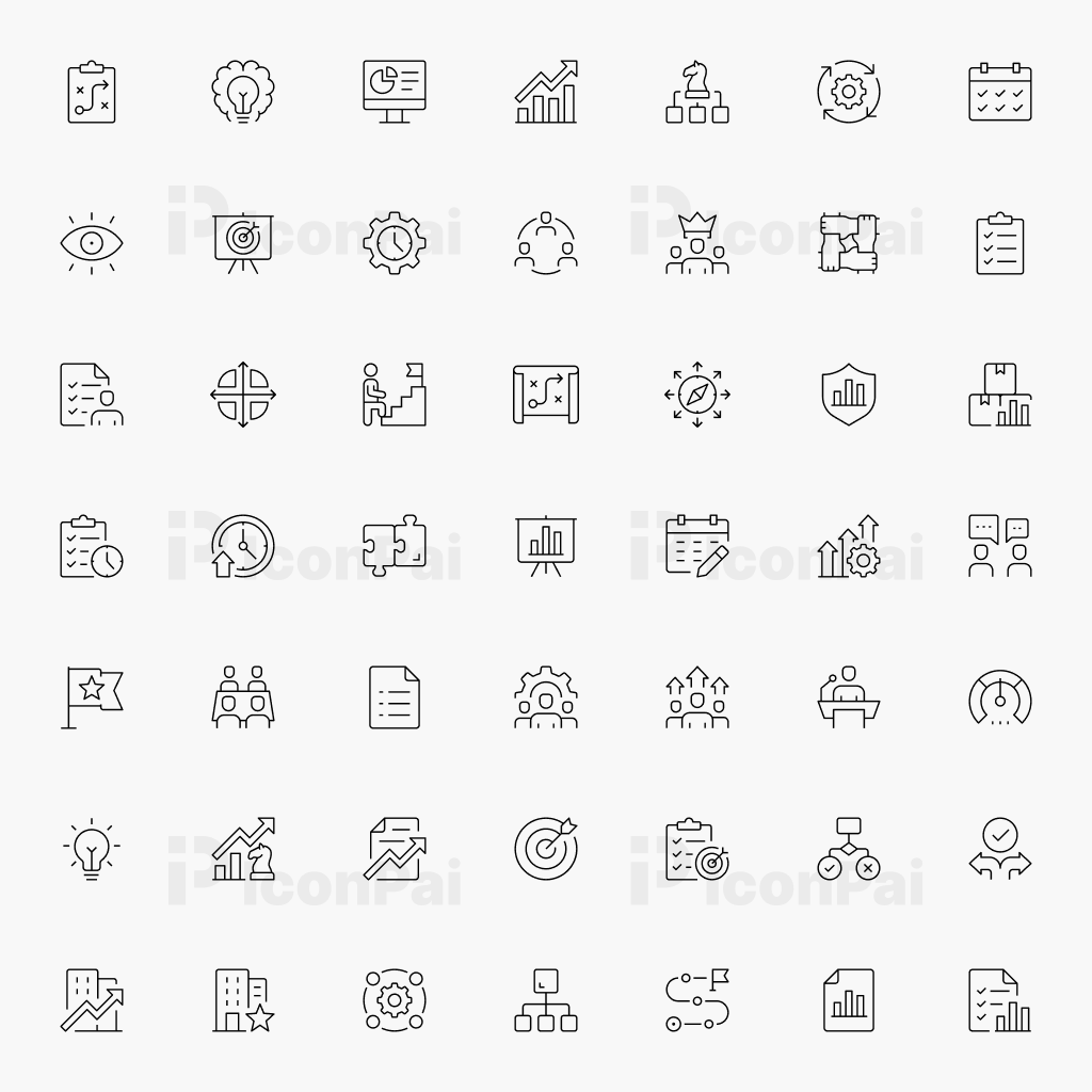 Business Strategy & Management Icons – Thin line style preview of 50 leadership, planning, and business strategy icons.