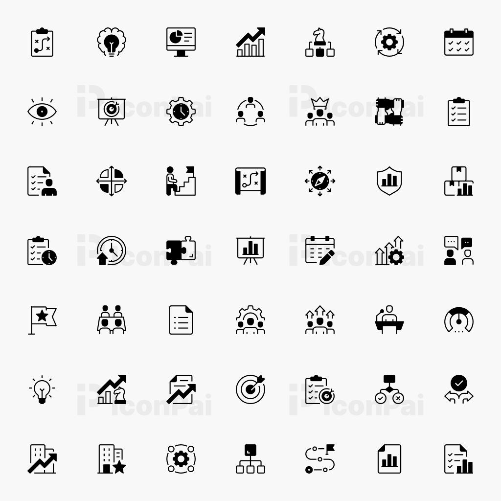 Business Strategy & Management Icons – Half-Filled style preview of 50 leadership, analytics, decision-making, and strategy icons.