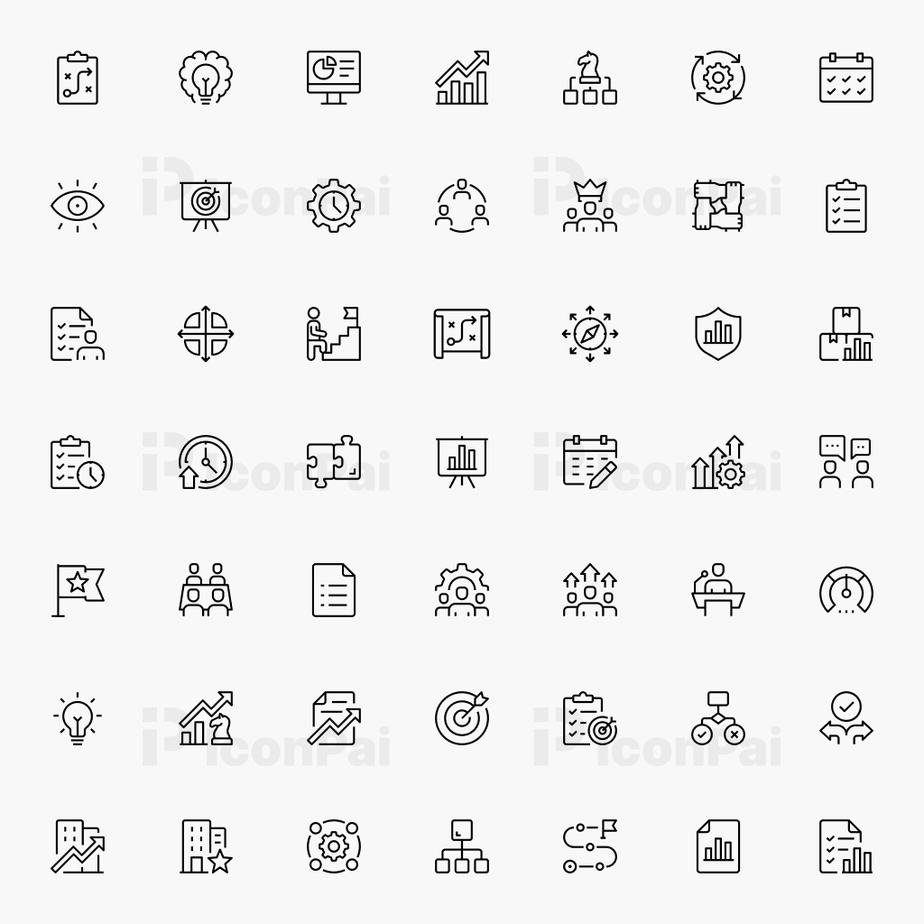 Business Strategy & Management Icons – Thick line style preview of 50 business growth, management, and corporate planning icons.