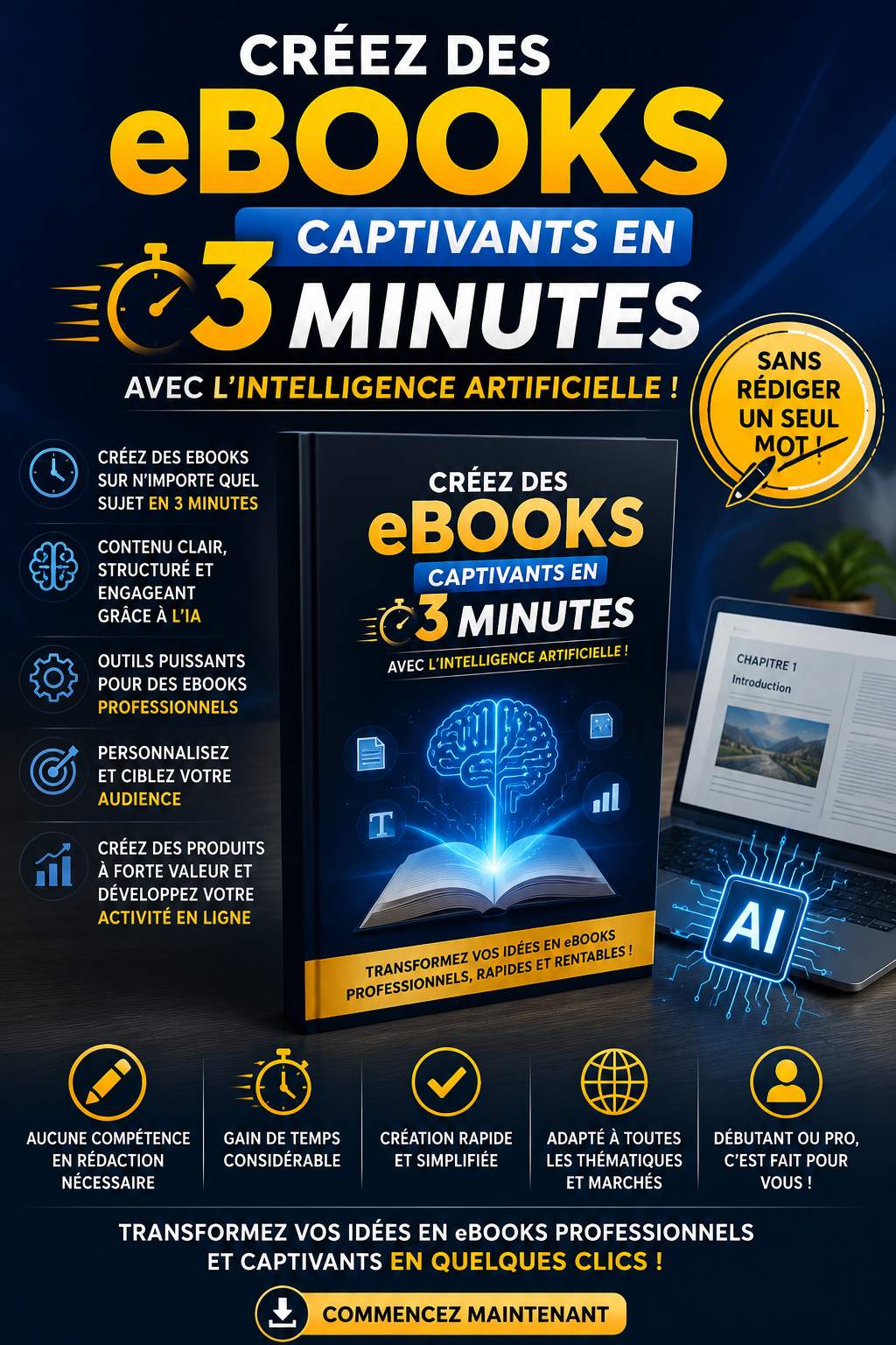 Couverture du guide complet pour créer des eBooks captivants avec l'Intelligence Artificielle en 3 minutes, vendre des produits numériques et générer des revenus en ligne.