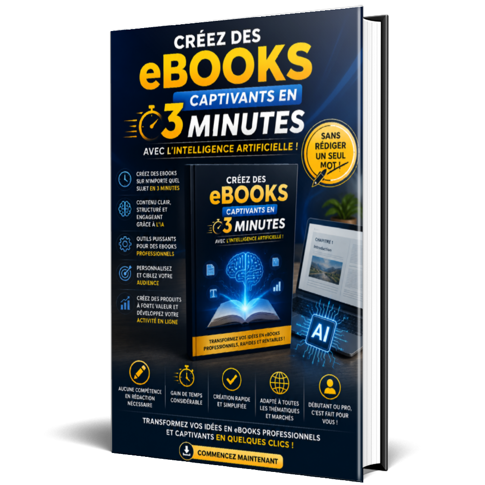 eBook IA professionnel expliquant comment créer, personnaliser et vendre des livres numériques avec l'Intelligence Artificielle, Amazon KDP et le marketing digital.