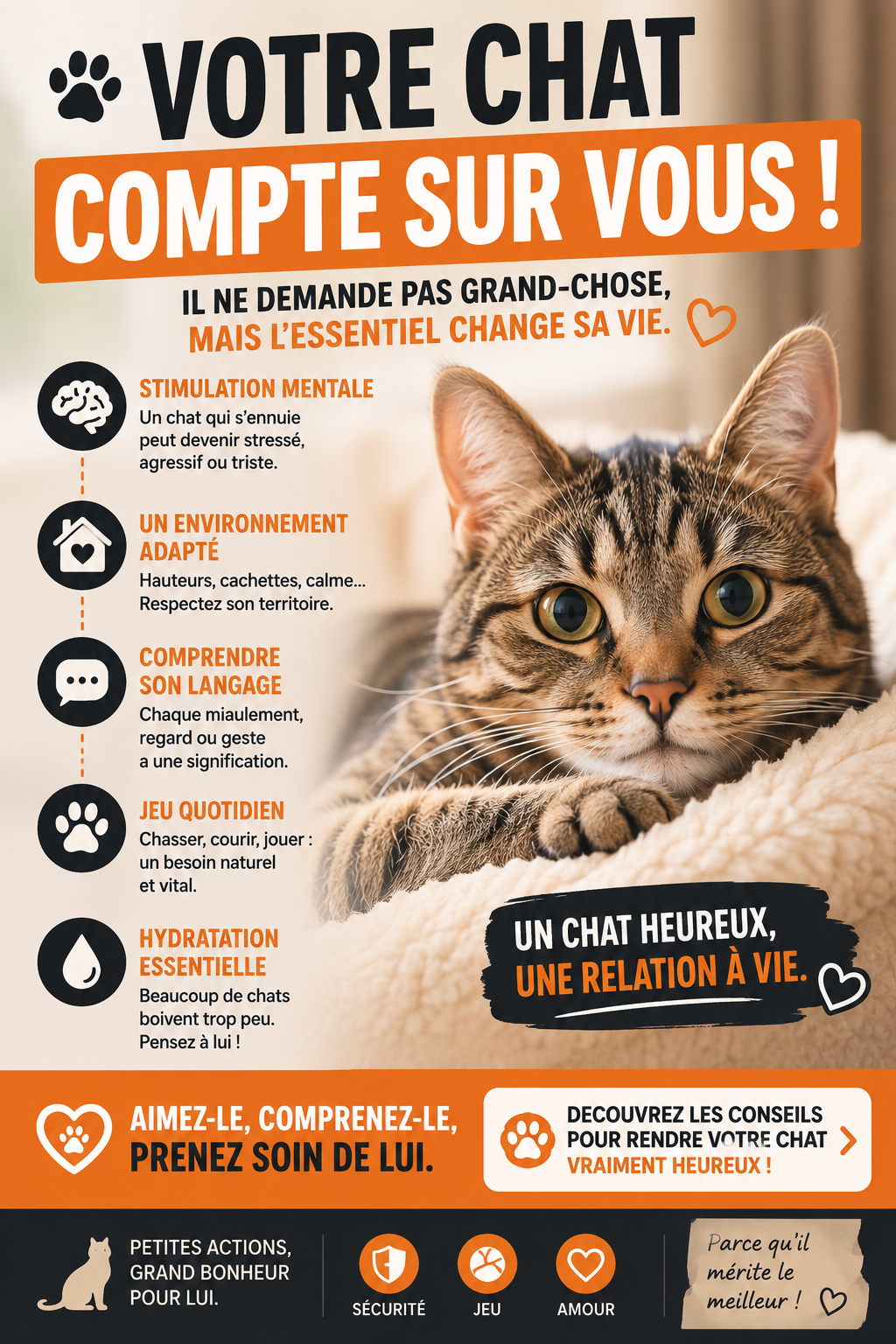 Chat mignon regardant la caméra avec texte sur le bien-être félin et conseils pour propriétaires de chats