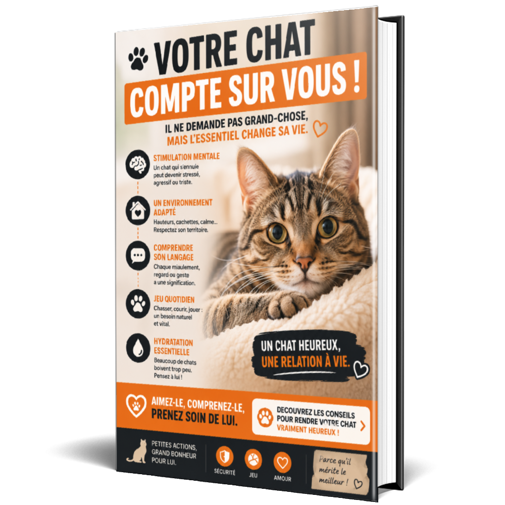 Chat mignon regardant la caméra avec texte sur le bien-être félin et conseils pour propriétaires de chats