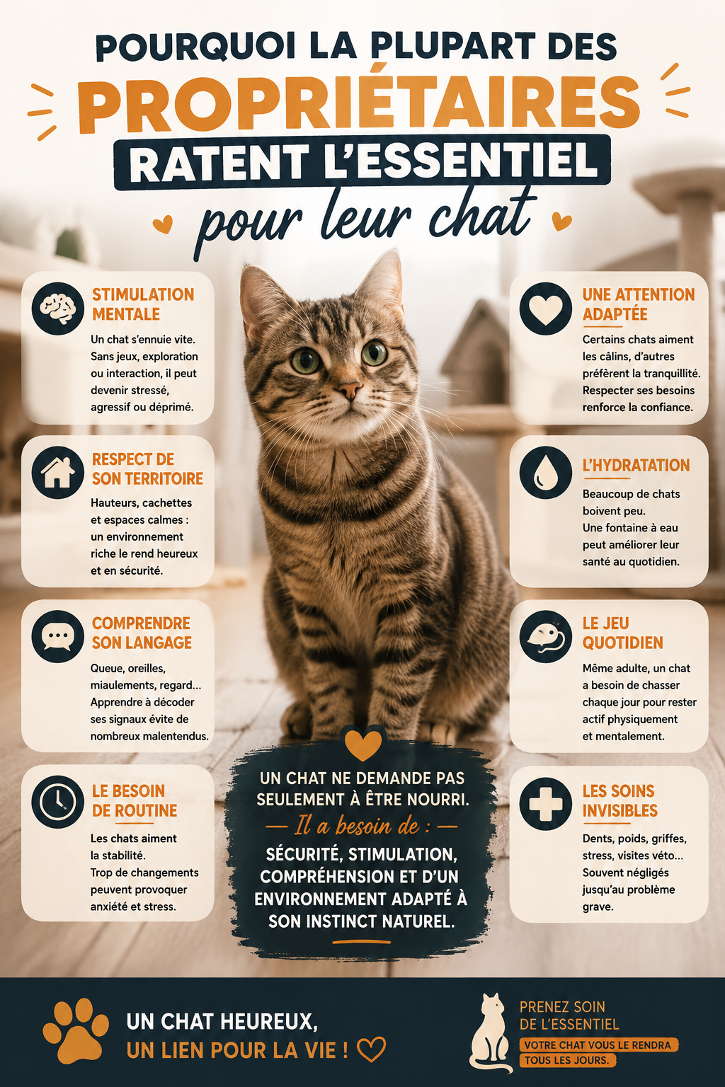 Chat mignon regardant la caméra avec texte sur le bien-être félin et conseils pour propriétaires de chats