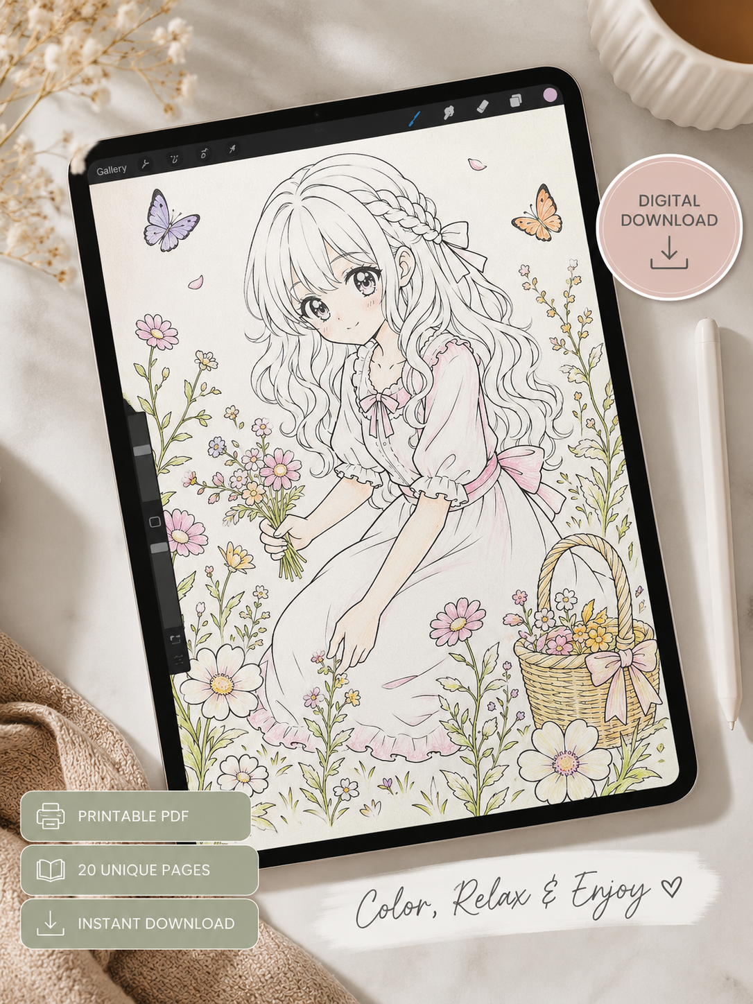 Botanical anime coloring page displayed on a tablet with a colored example.