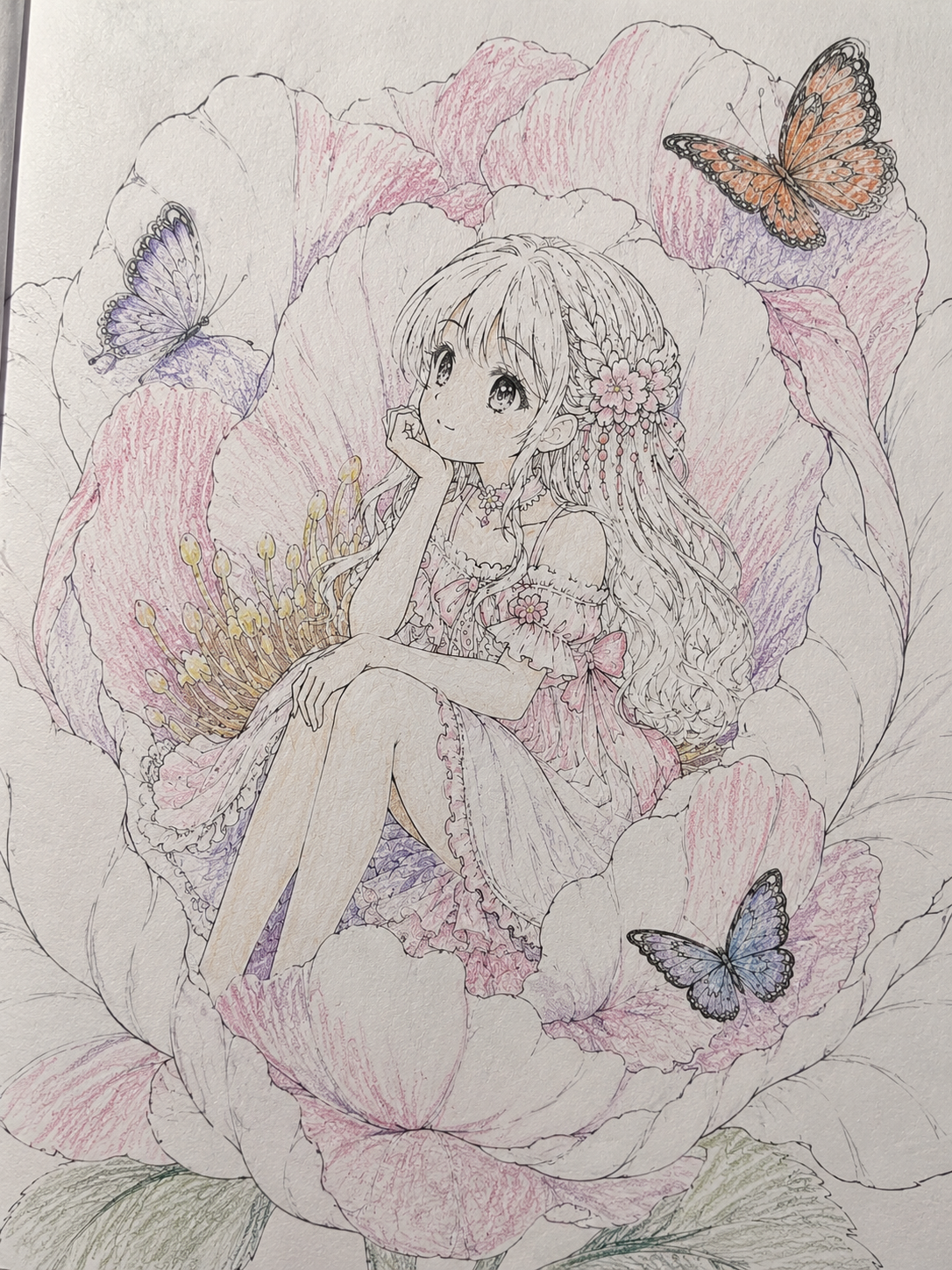 Colored botanical anime coloring page with soft pastel flowers and butterflies.