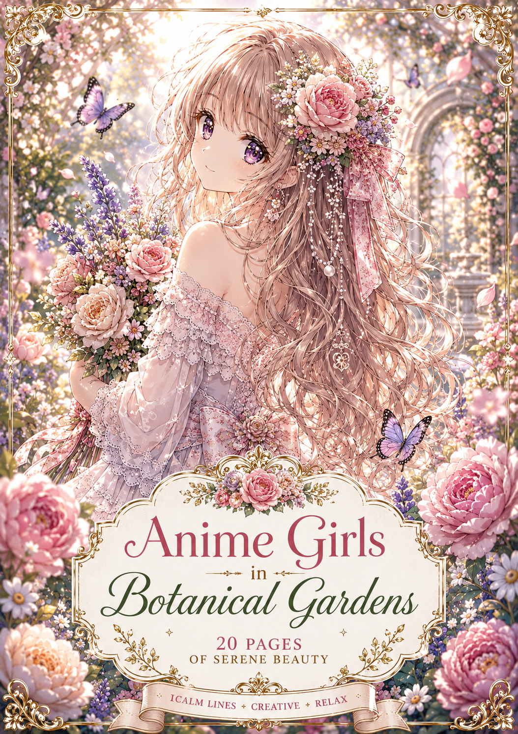 Anime Girls in Botanical Gardens printable coloring book cover with 20 botanical anime coloring pages for adults.