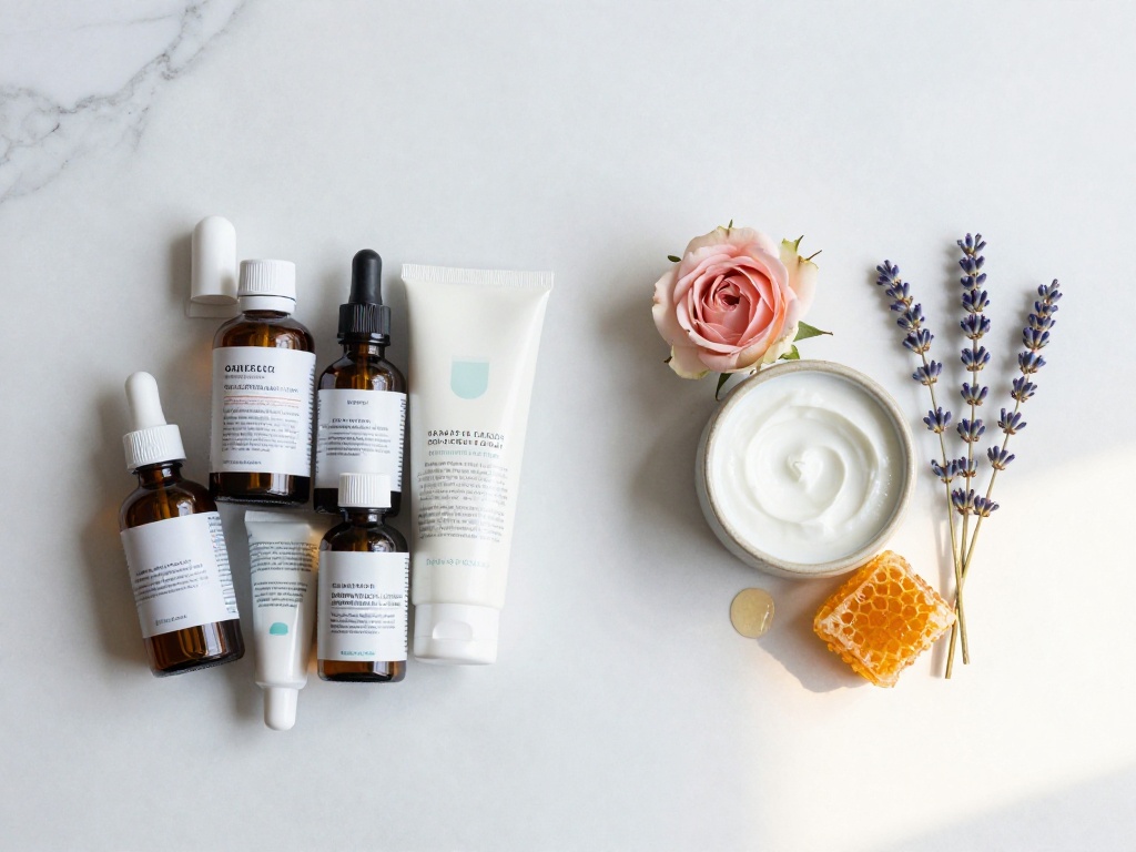 A marble surface split between cluttered commercial skincare products with unreadable synthetic ingredient labels on the left, and a single jar of homemade natural face cream surrounded by fresh rose, lavender, and honeycomb on the right — illustrating the difference between synthetic and organic DIY skincare.