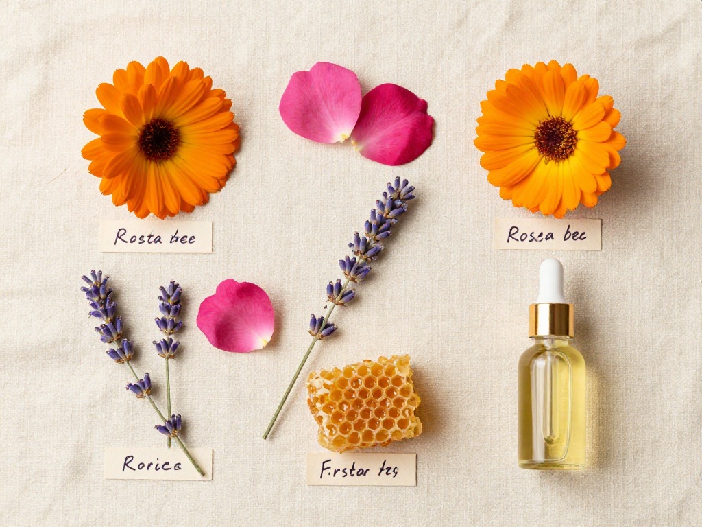 An overhead flat-lay of six key organic skincare botanicals on cream linen — calendula, rose petals, lavender, honeycomb, raw beeswax, and rosehip oil — each labelled by hand, representing the plant-based ingredients used in natural DIY beauty recipes.