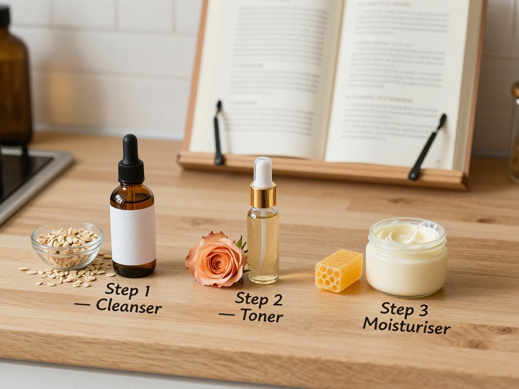 A warm kitchen counter showing a beginner's three-step natural skincare routine in progress — a homemade oat cleanser, rose water toner, and beeswax moisturiser arranged in sequence beside an open recipe book, demonstrating how easy it is to start making organic beauty products at home.