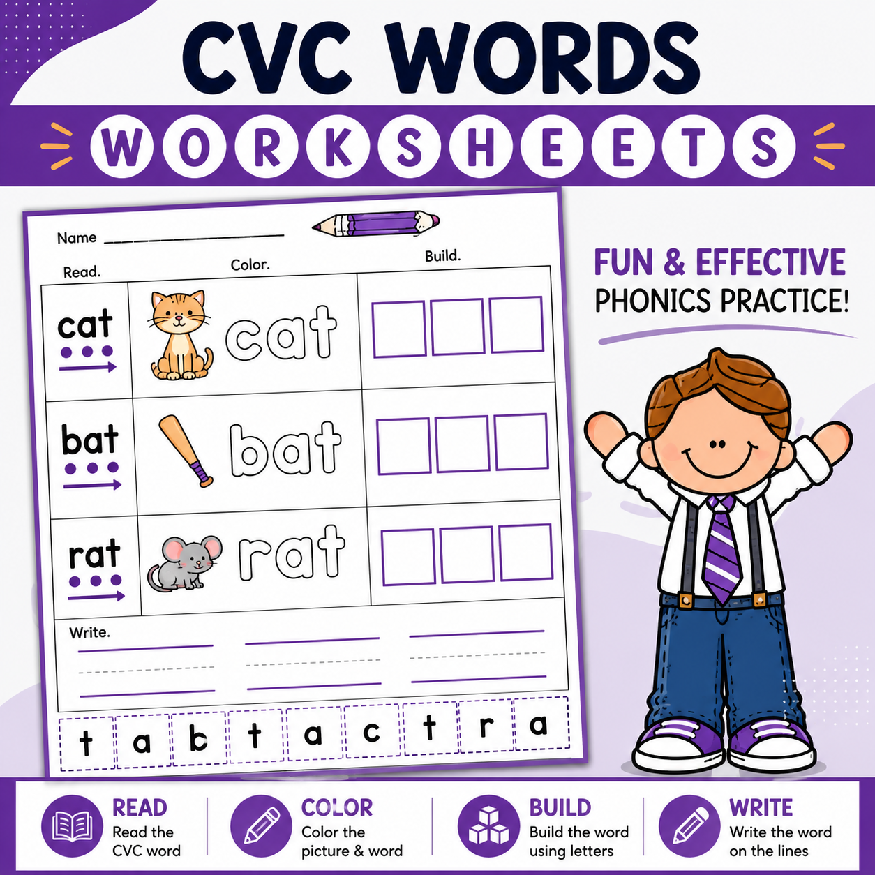 CVC Words Cut & Paste Worksheets | Kindergarten Morning Work & Literacy Practice