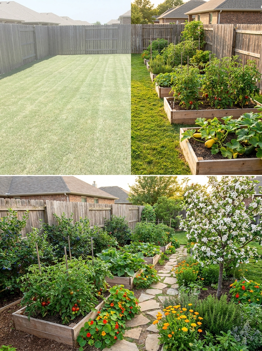Side-by-side comparison of a conventional grass lawn and a lush edible landscape garden with raised beds, fruit trees, and berry bushes, illustrating the transformation possible for any suburban yard.