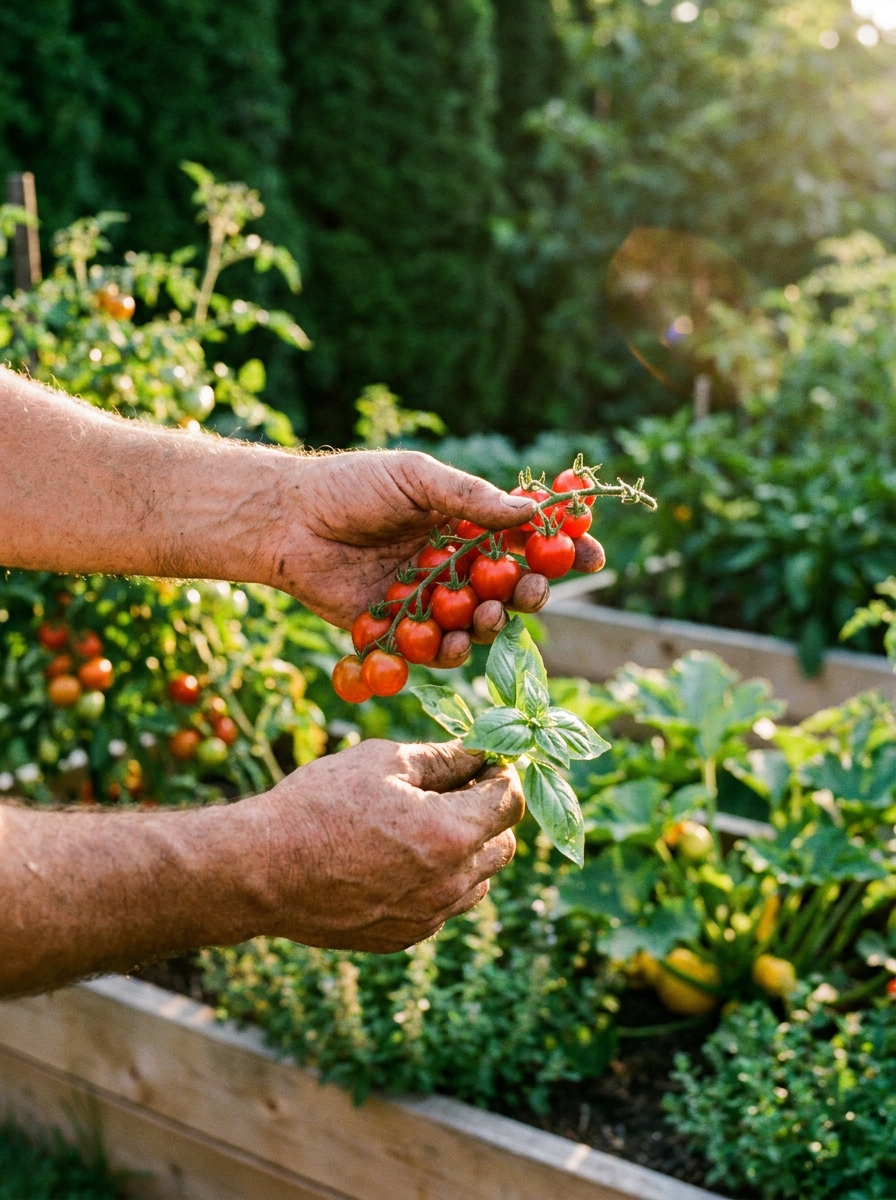 A gardener harvests ripe cherry tomatoes and fresh basil from a thriving backyard edible landscape, with layered food garden beds visible in the soft background, representing the rewarding results of growing your own food at home.