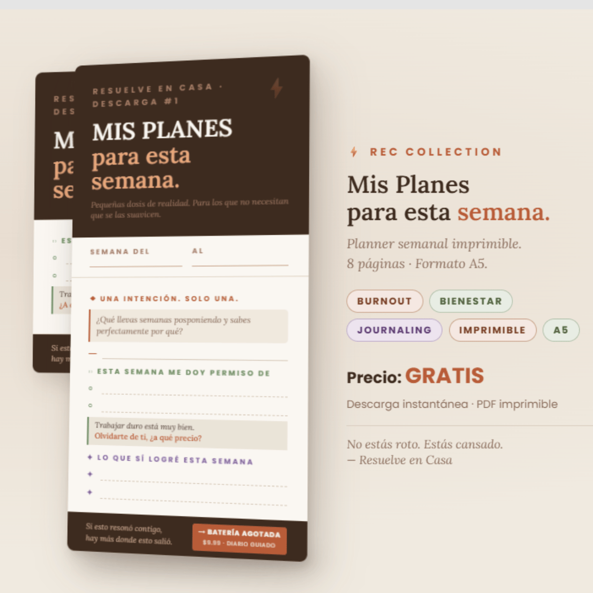 Descarga gratis este planner semanal imprimible diseñado para personas que experimentan agotamiento, estrés o burnout. Organiza tus prioridades, recupera tu energía y mejora tu bienestar con una herramienta práctica de autocuidado y planificación semanal