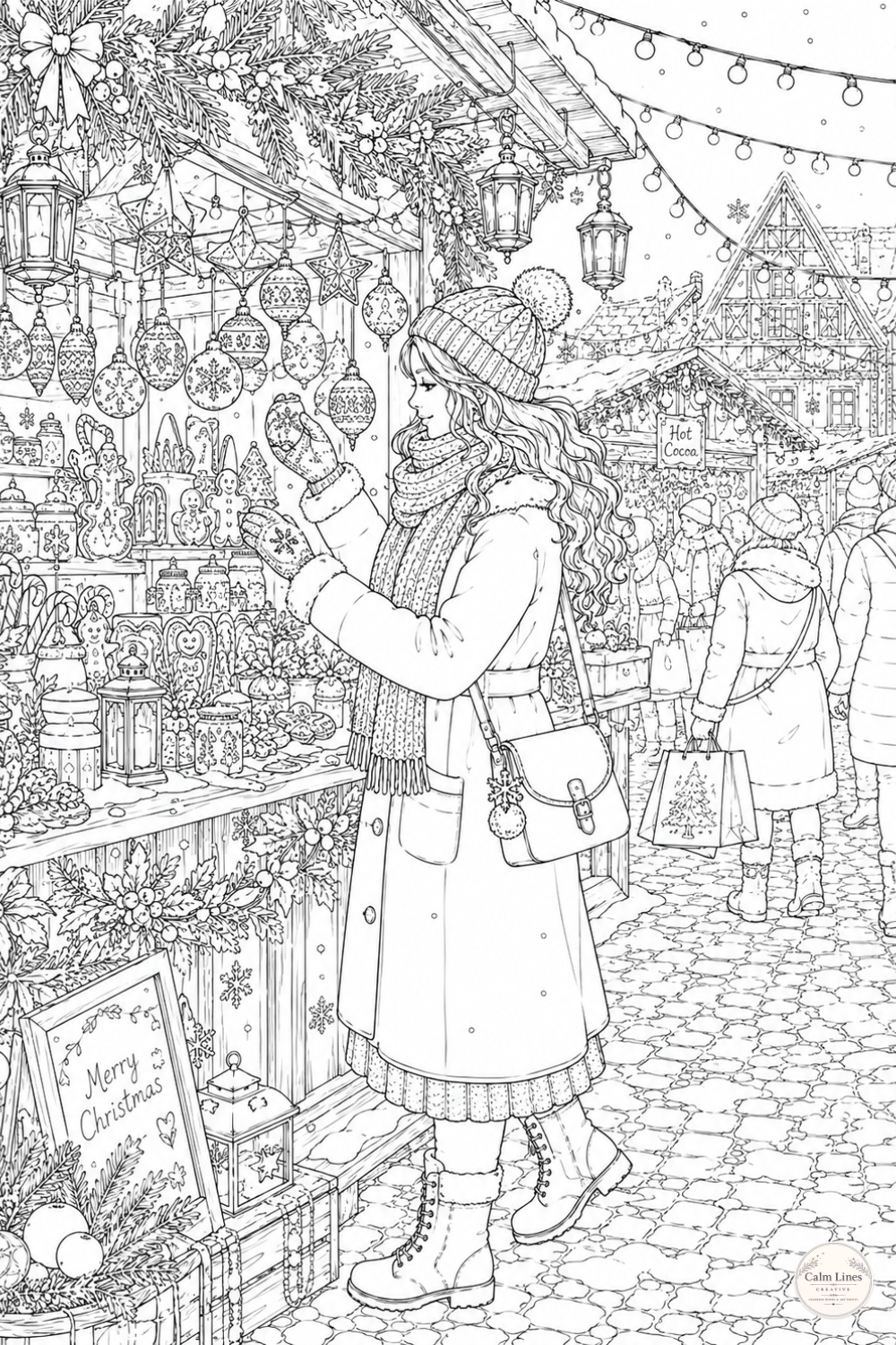 Winter market coloring page with a girl in a warm coat, festive stalls, snow-covered street and holiday decorations.