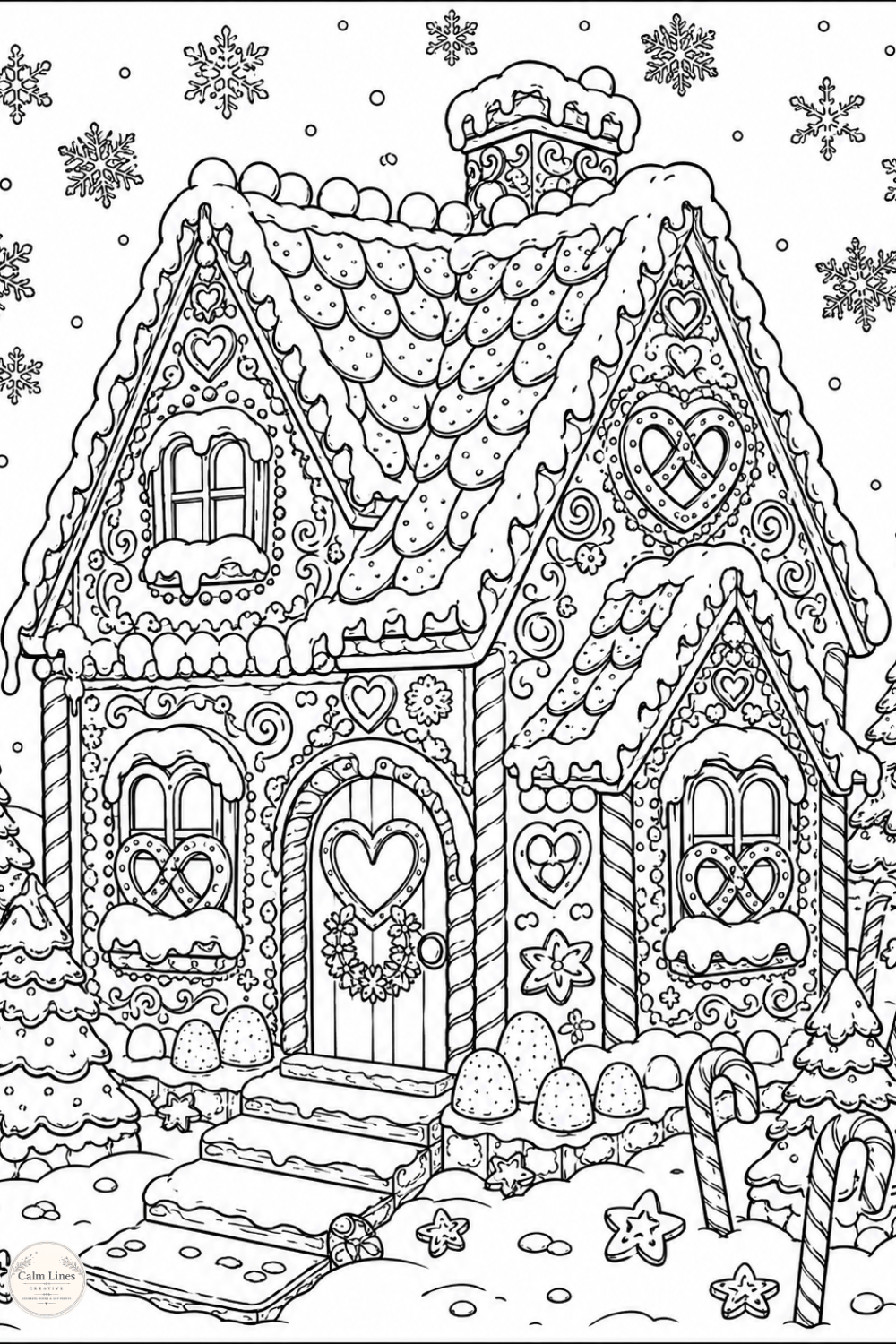 Winter cottage coloring page with a cozy snow-covered house, wreath, falling snowflakes and festive holiday details.