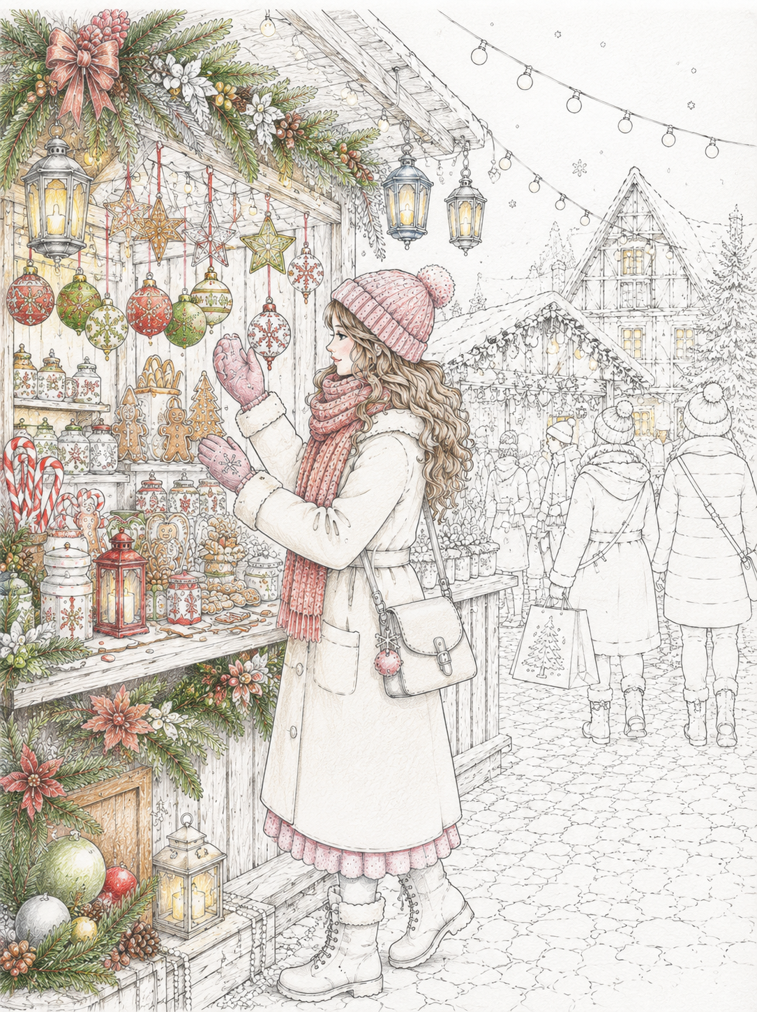 Colored winter market coloring page featuring a girl in a warm coat, festive lights, holiday stalls and a snowy village scene.