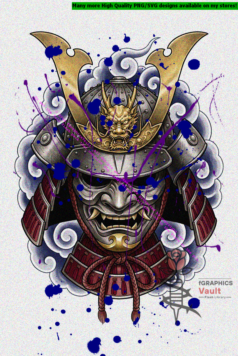 Detailed feudal Japan helmet tattoo design for sleeve and body suit layouts