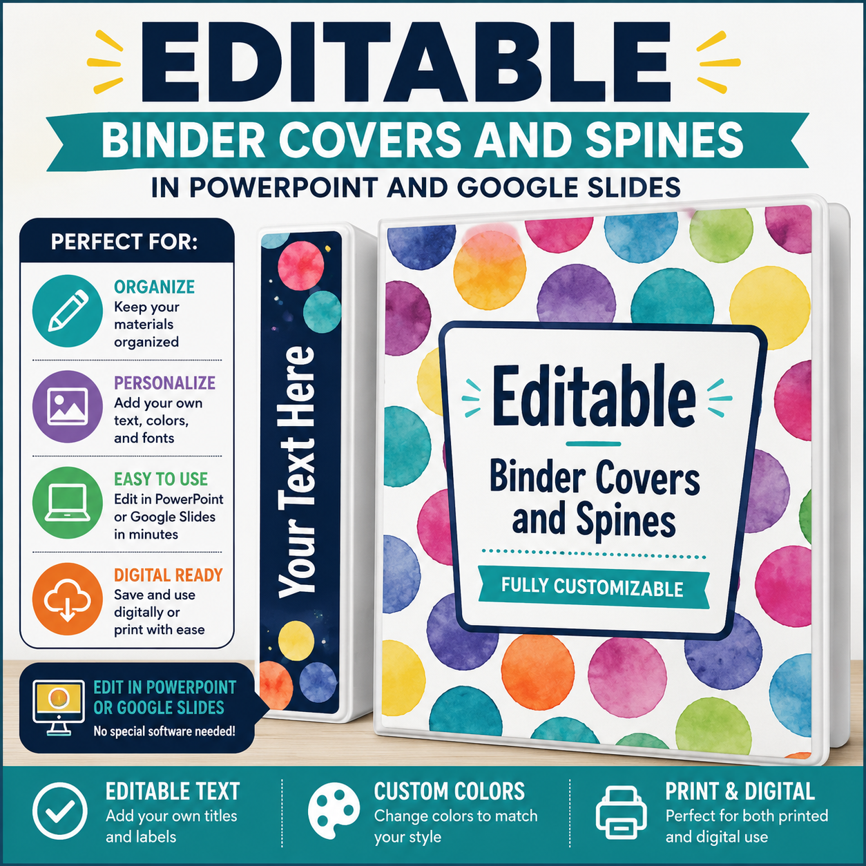 Editable Binder Covers & Spines | Bright Watercolor Dots Classroom Organization Set