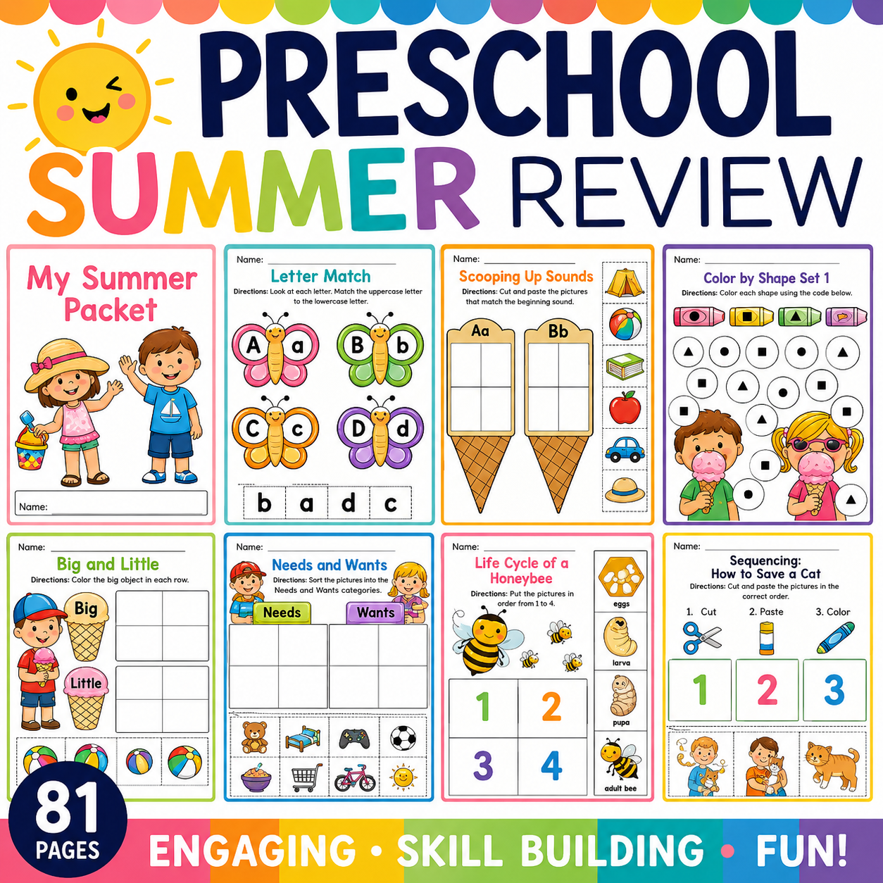 Summer Coloring Pages Packet | Preschool Fun Activities, Bucket List Craft & Shapes Practice